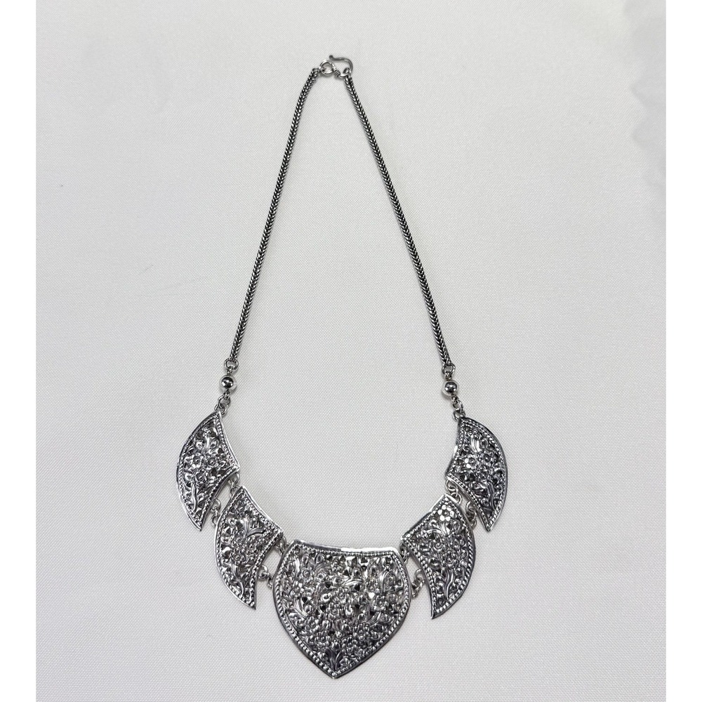 Thai SX Sterling .925 Floral Filigree Collar/Bib Necklace 18.5" Vintage 44.3 gm